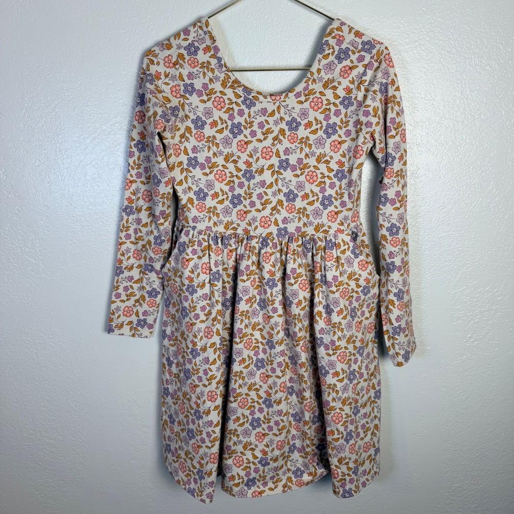 New Quince Girls 10 Organic Cotton Long Sleeve Floral Skater Dress Cream Purple